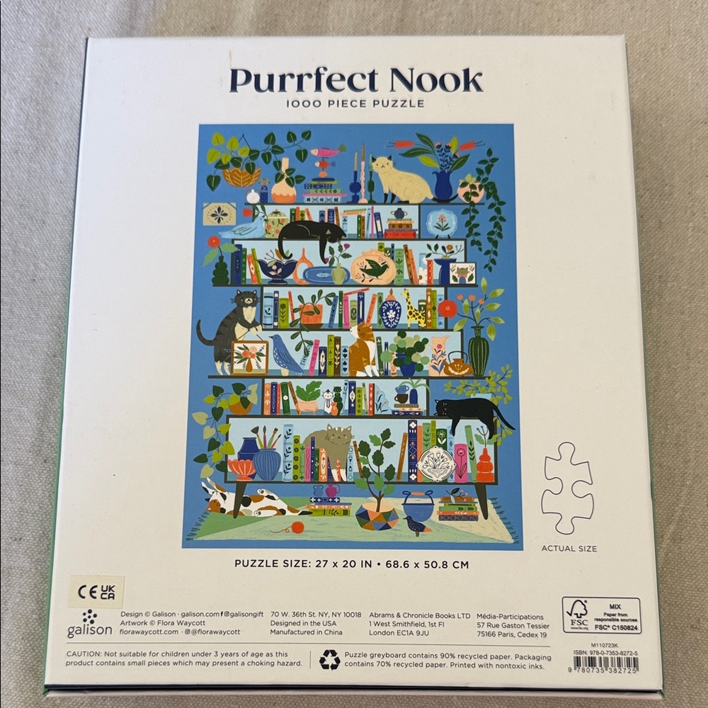 Galison “Purrfect Nook” 1000-Piece Puzzle – Cats & Books – Flora Waycott – New - Picture 2 of 2